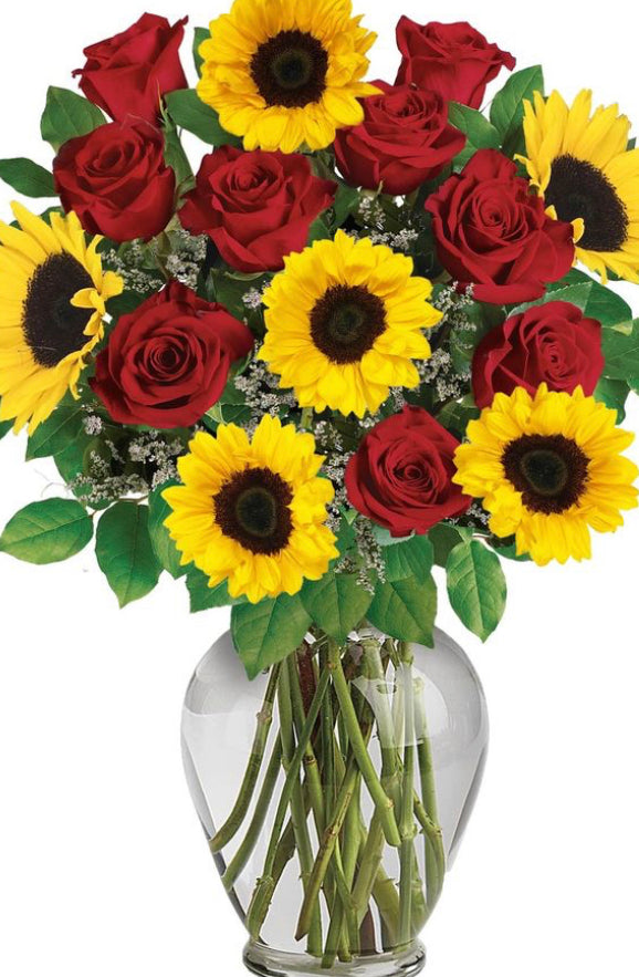 RED ROSES with SUNFLOWERS