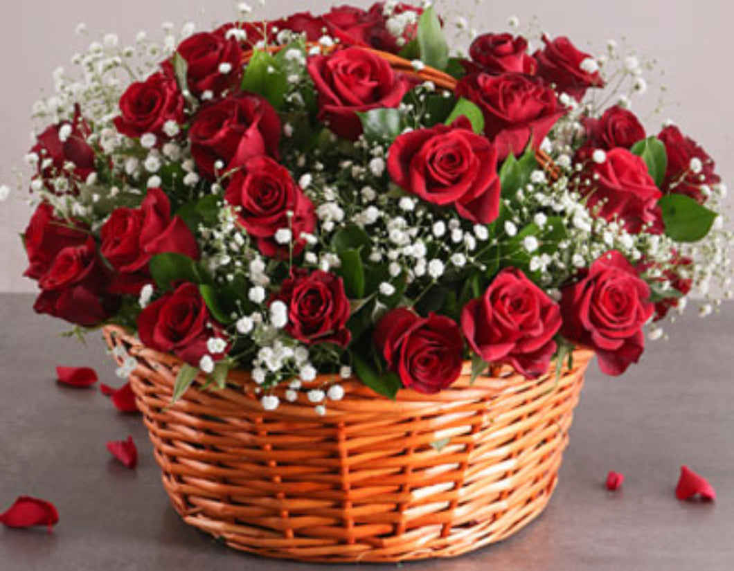 2 dozen red roses in basket