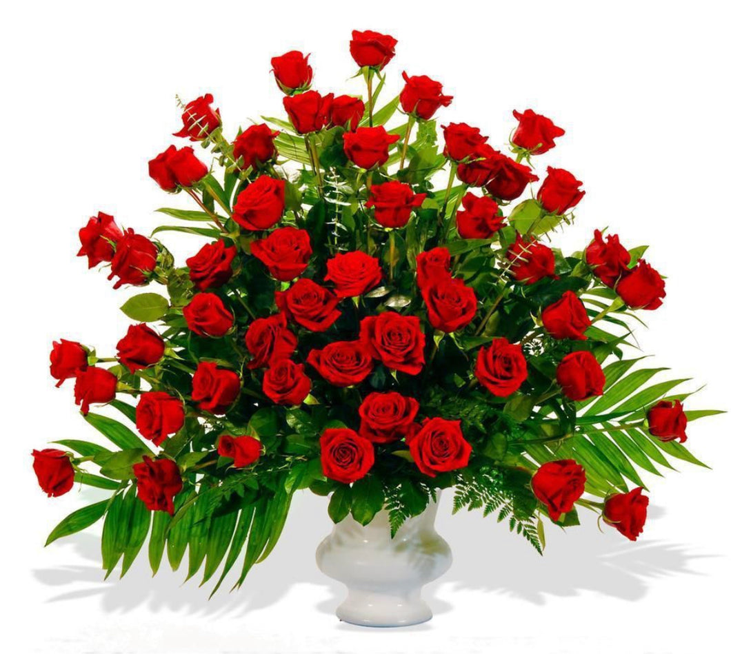 2 Dozen red roses in gray white pot cover