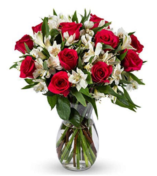 12 red roses with alstroemerias