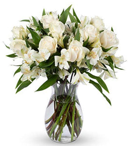 12 white roses with alstroemerias