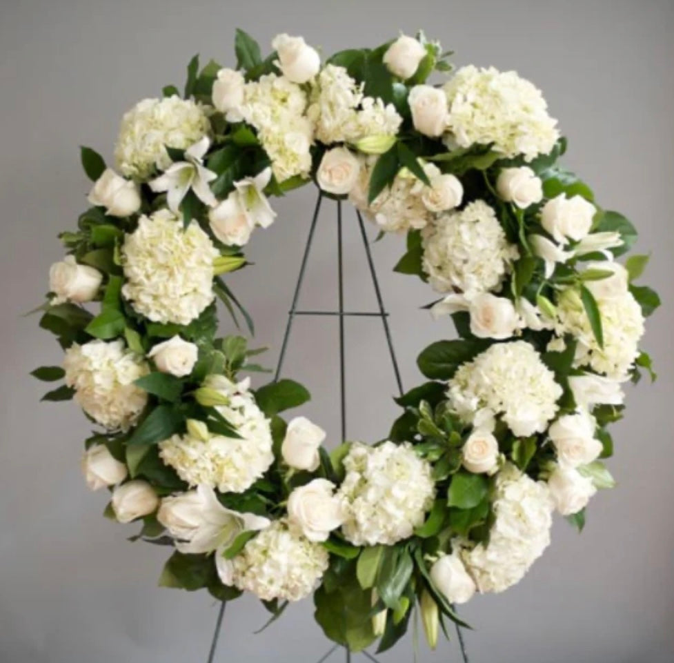 Standing wreath all white arrangement