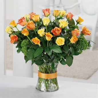 myeasyflowers-Roseae-ROSAS-ROSES_YELLOW-Roseae-ROSAS-ROSES_ORANGE-Ribbon-green leaves-bouquete